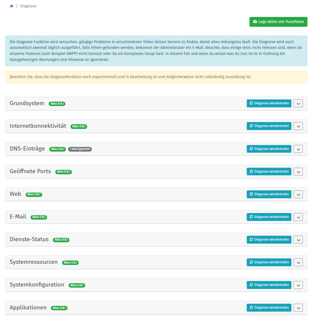 YunoHost Diagnose - Übersicht