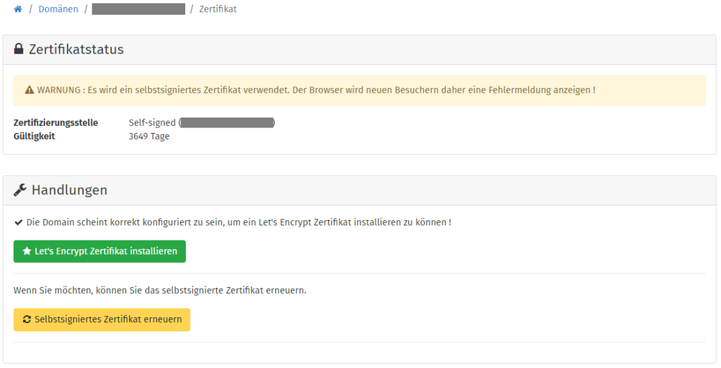 YunoHost Domain Zertifikat verwalten