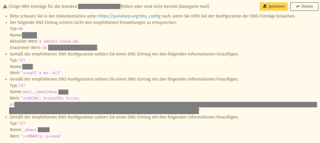 YunoHost Domain Diagnose DNS Warnung Mail