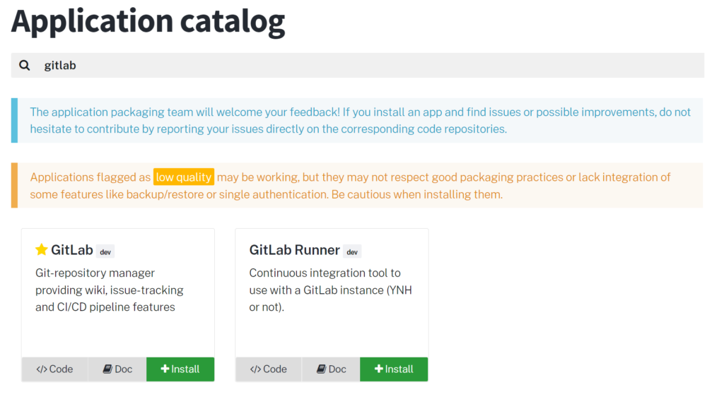 YunoHost GitLab Applikation suchern