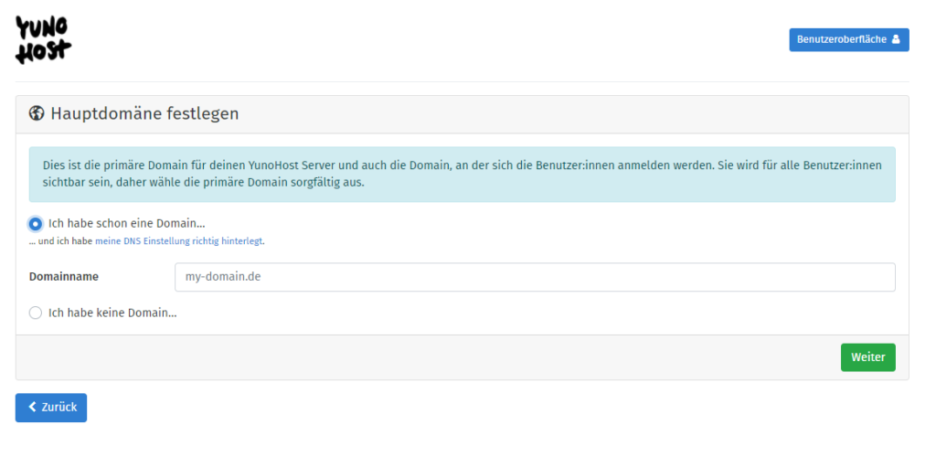 YunoHost Installation festlegen der Hauptdomäne
