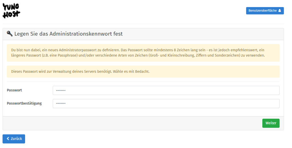 YunoHost Installation - Administratorpasswort setzen