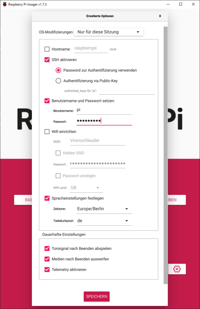 Raspberry Pi Imager-Erweiterte Optionen