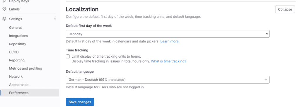 GitLab Grundeinstellungen Sprache