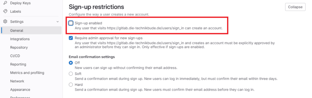 GitLab Grundeinstellungen Registrierung deaktivieren