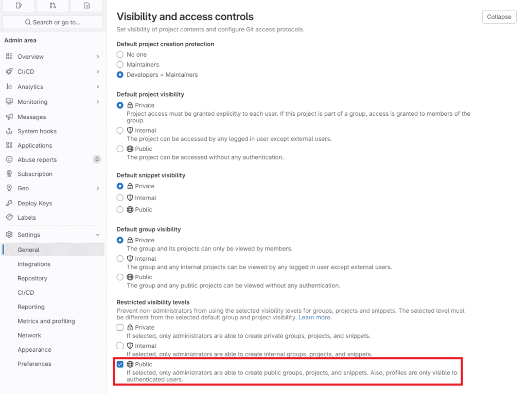 GitLab Grundeinstellungen public verbieten