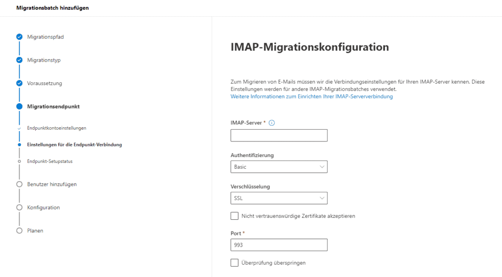 M365 - IMAP-Migrationskonfiguration