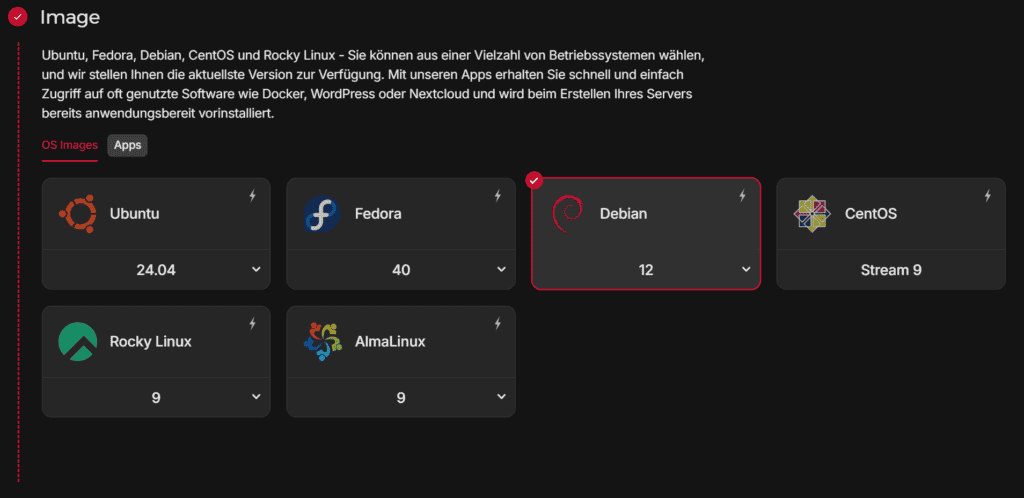 Server erstellen - Betriebssystem auswählen